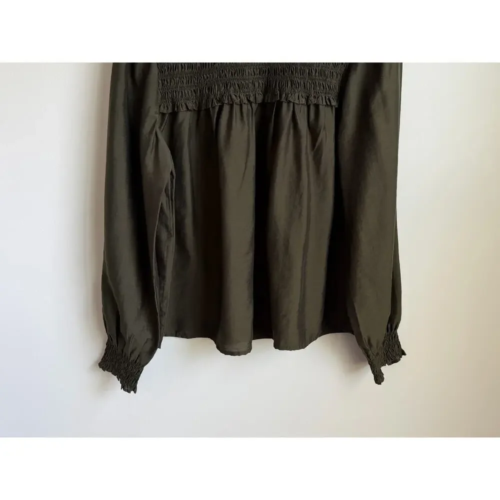 Madewell Smocked High-Neck Long-Sleeve Blouse Top Midnight Olive Womens Small